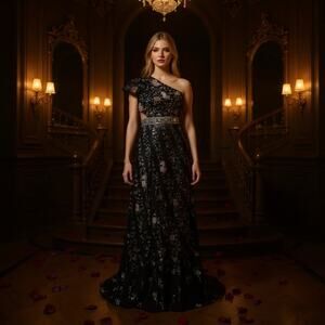 Mac Duggal Size 8 Black Floral Embroidered Ruffle One Shoulder Lace Up Gown NWT